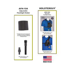 HolsterGuy AFH-104 adjustable flashlight holder with product details and usage examples on a white background.
