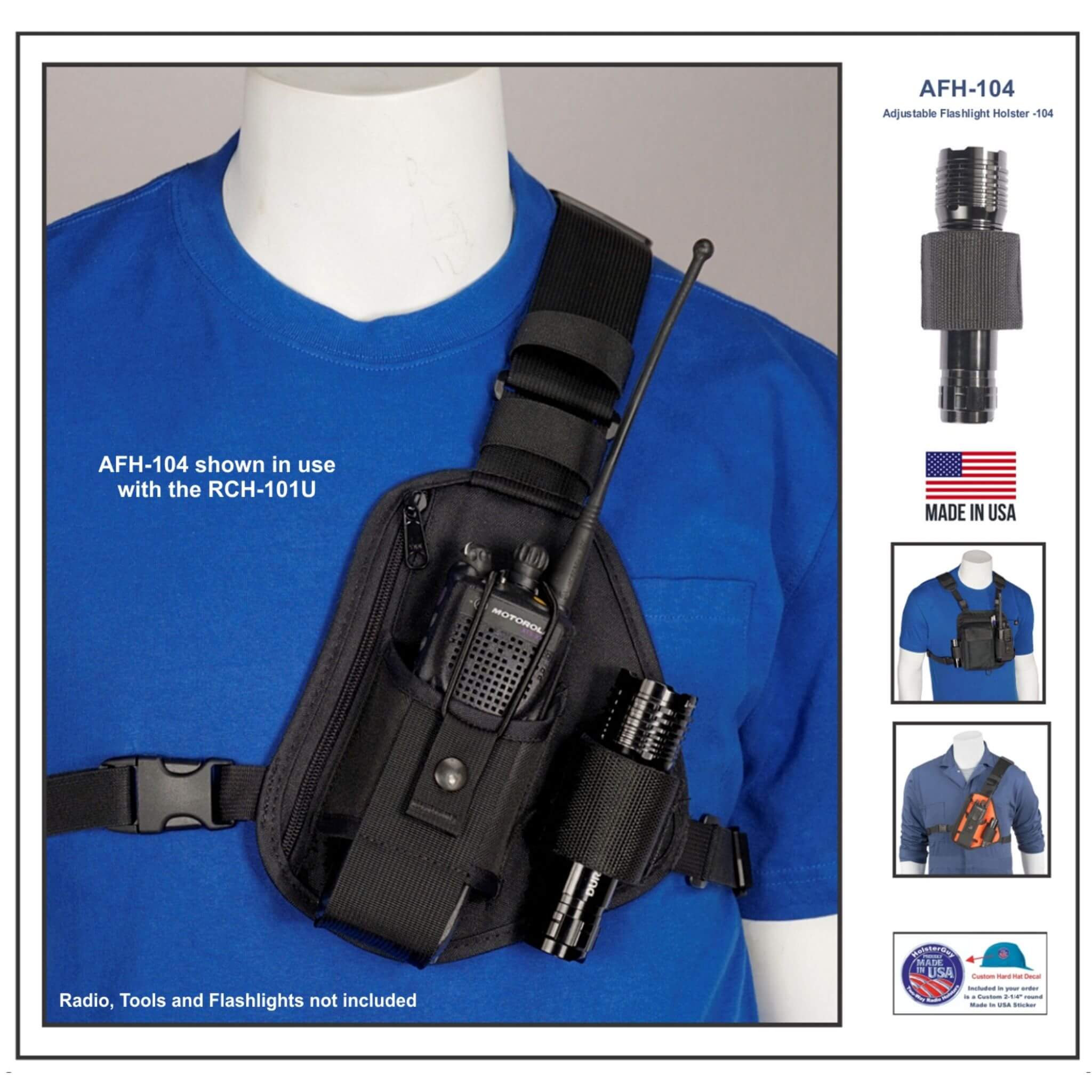 Black shoulder bag radio chest harness with radio and AFH-104 on a mannequin wearing a blue shirt, with additional images and text on the right.