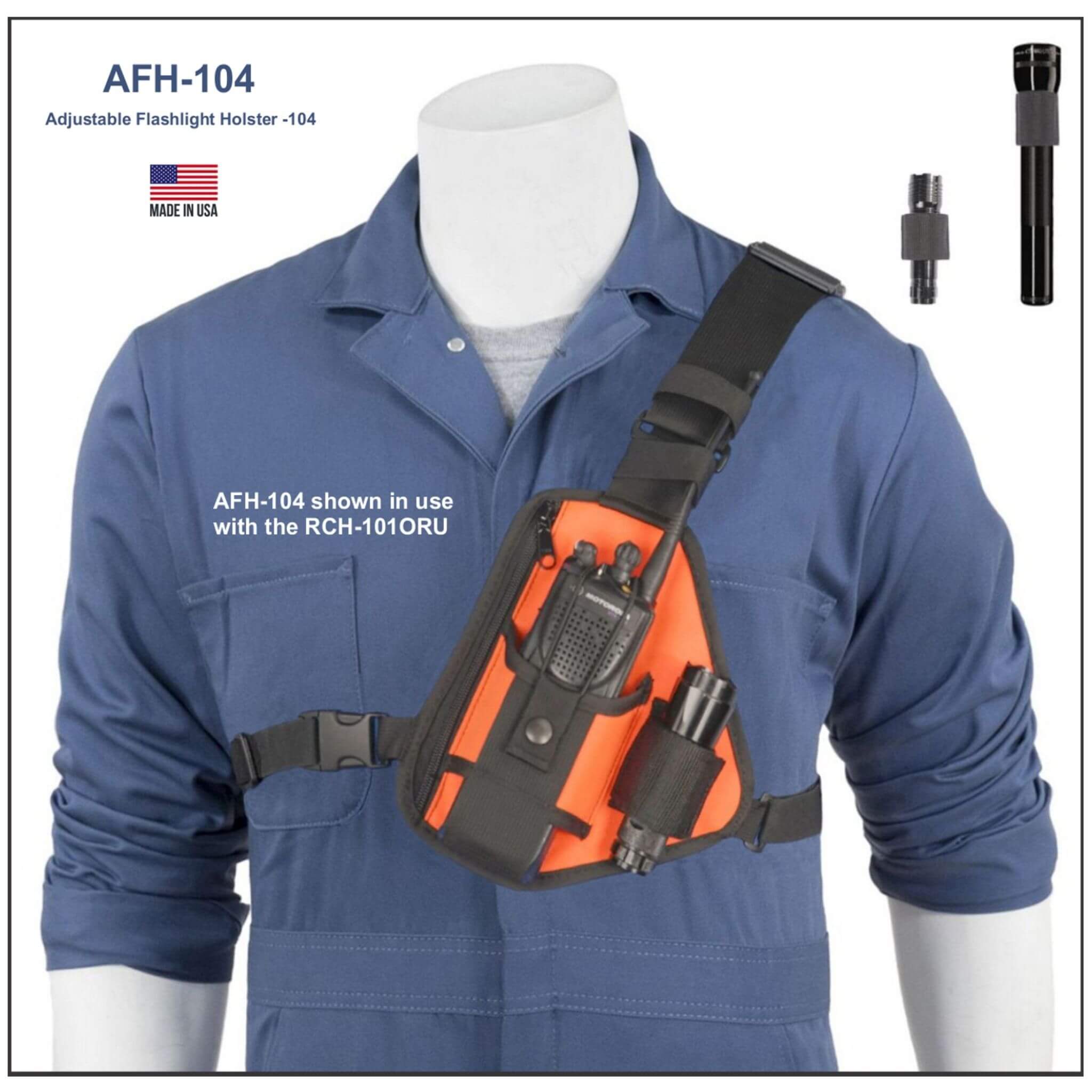 Orange and black flashlight holder AFH-104 on a mannequin wearing a blue uniform with 'AFH-104' text.