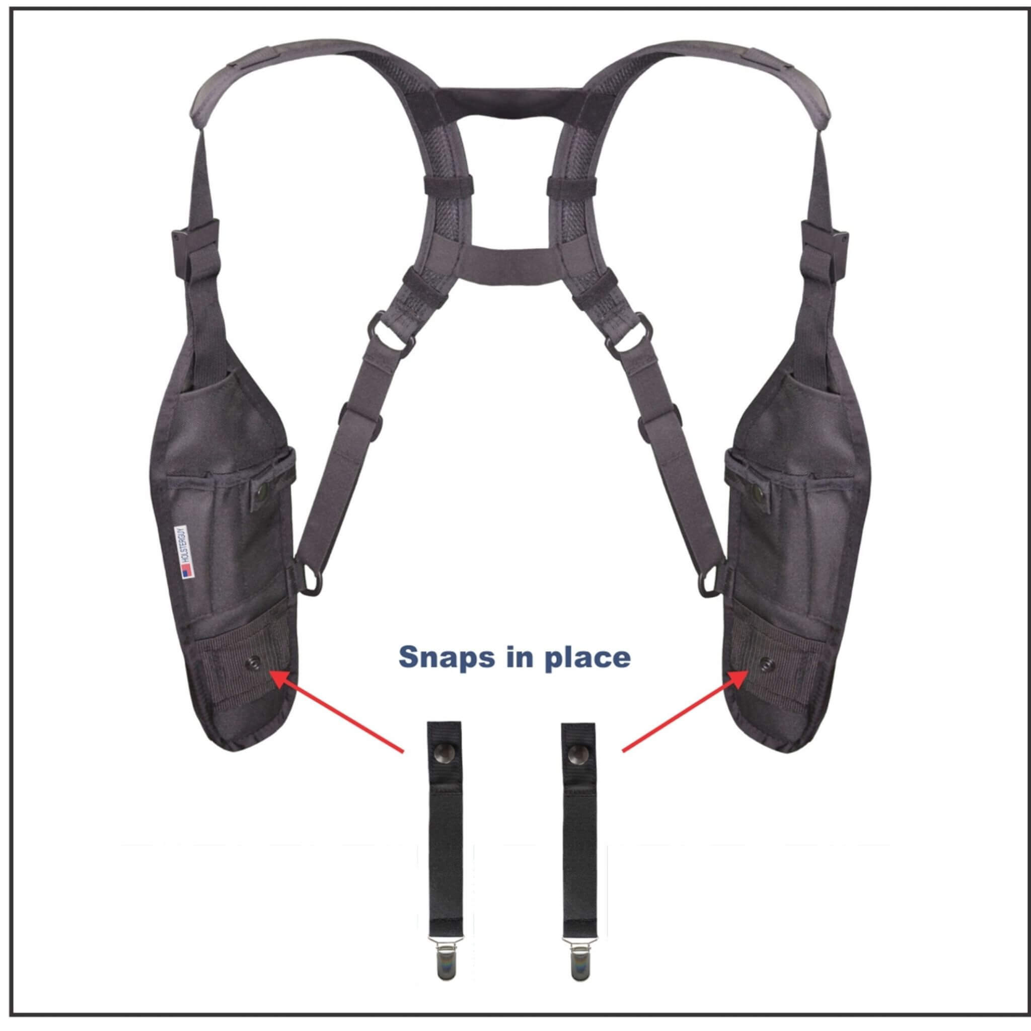 Black safety harness with tool pouches and AS-101P strap with snap mechanisms on a white background