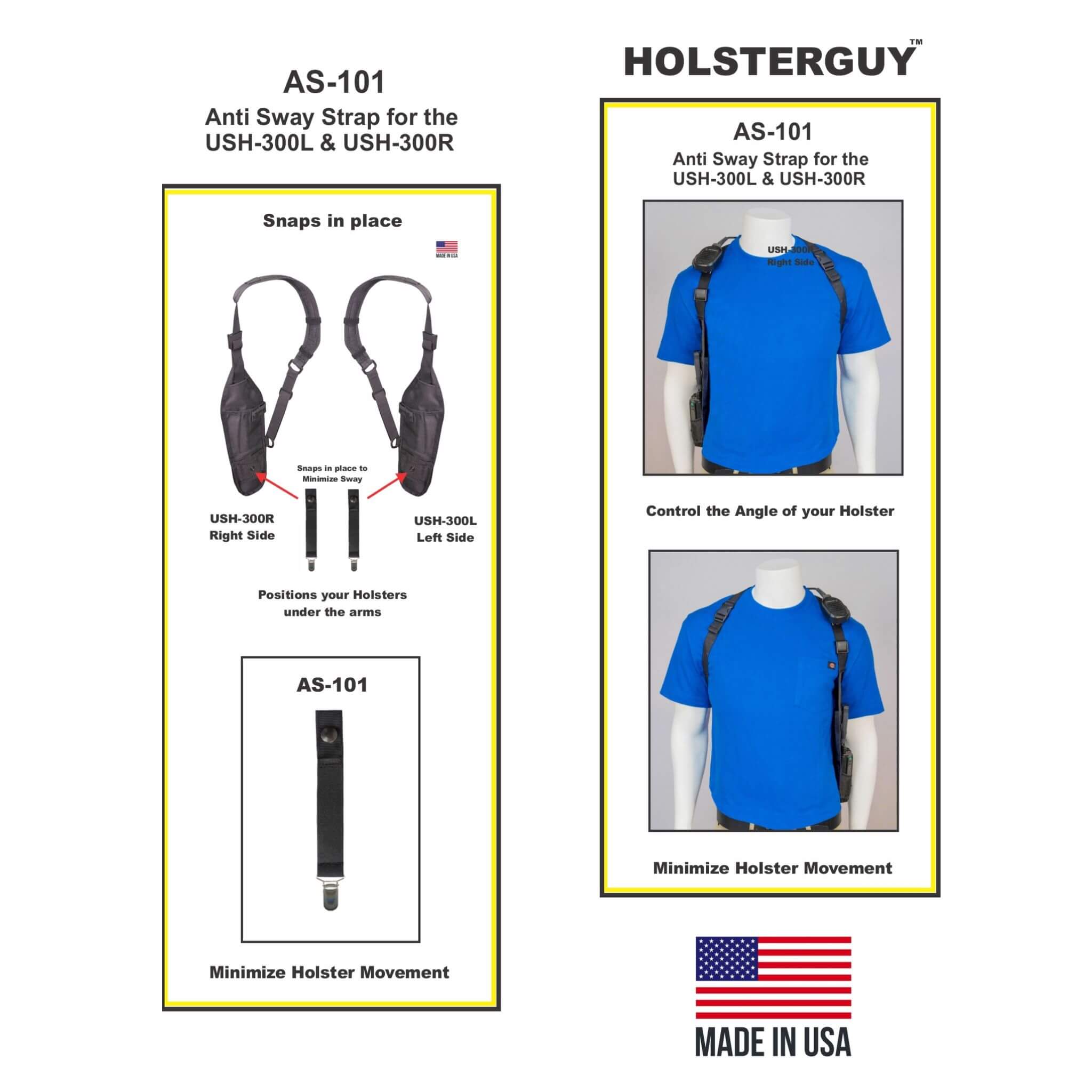 HolsterGuy AS-101 anti-sway strap for USH-300L & USH-300R with product details and usage instructions.