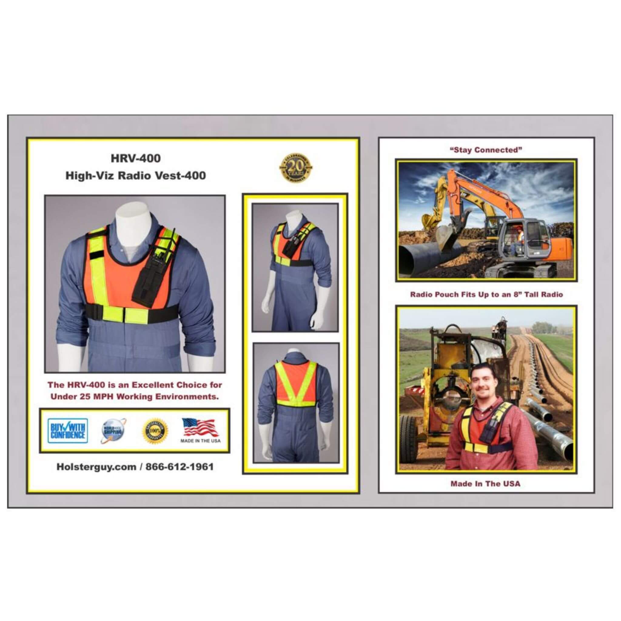 High-visibility radio vest HRV-400 display with mannequin wearing the vest and construction scenes.