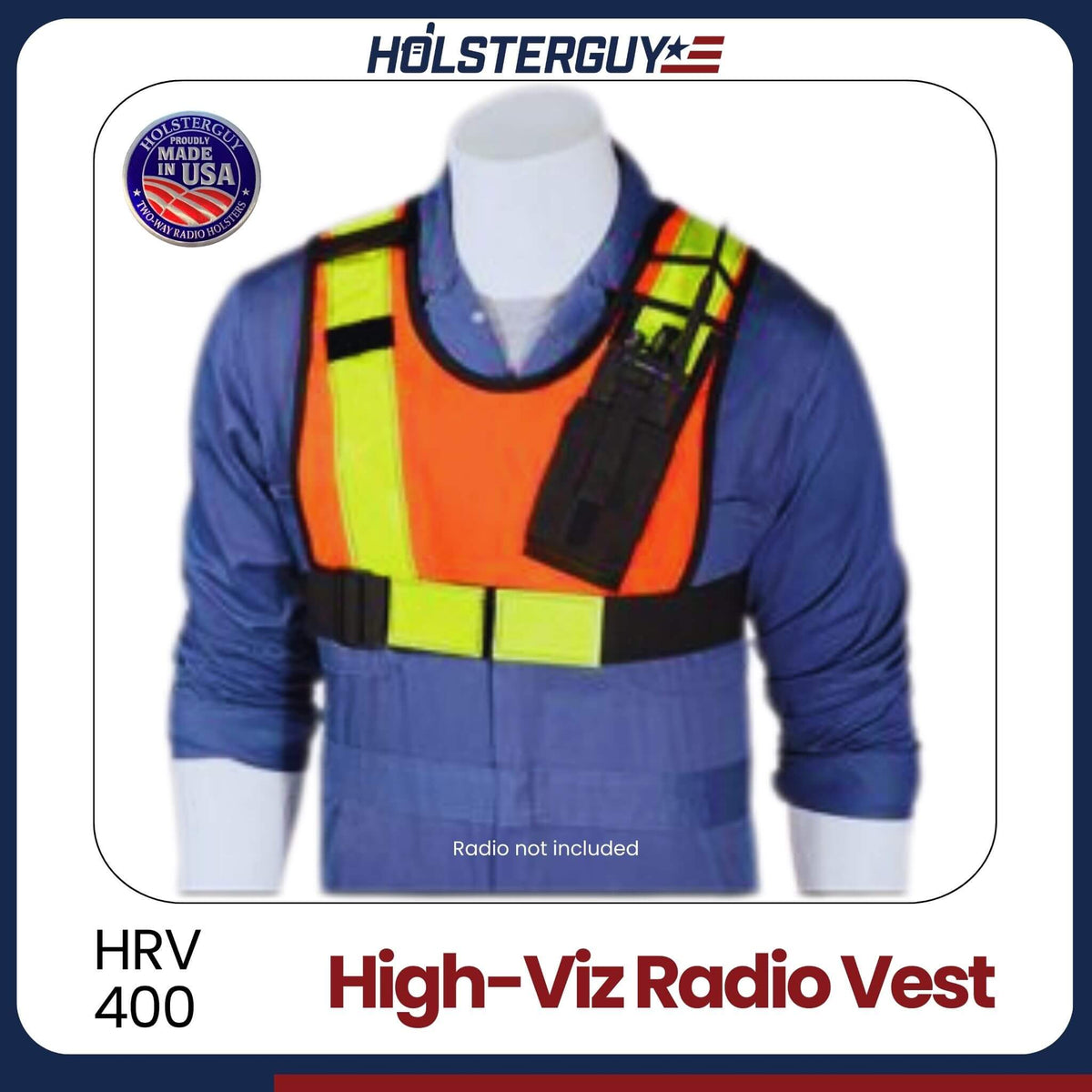 High-visibility radio vest HRV-400 on a mannequin with 'HOLSTERGUY' branding.