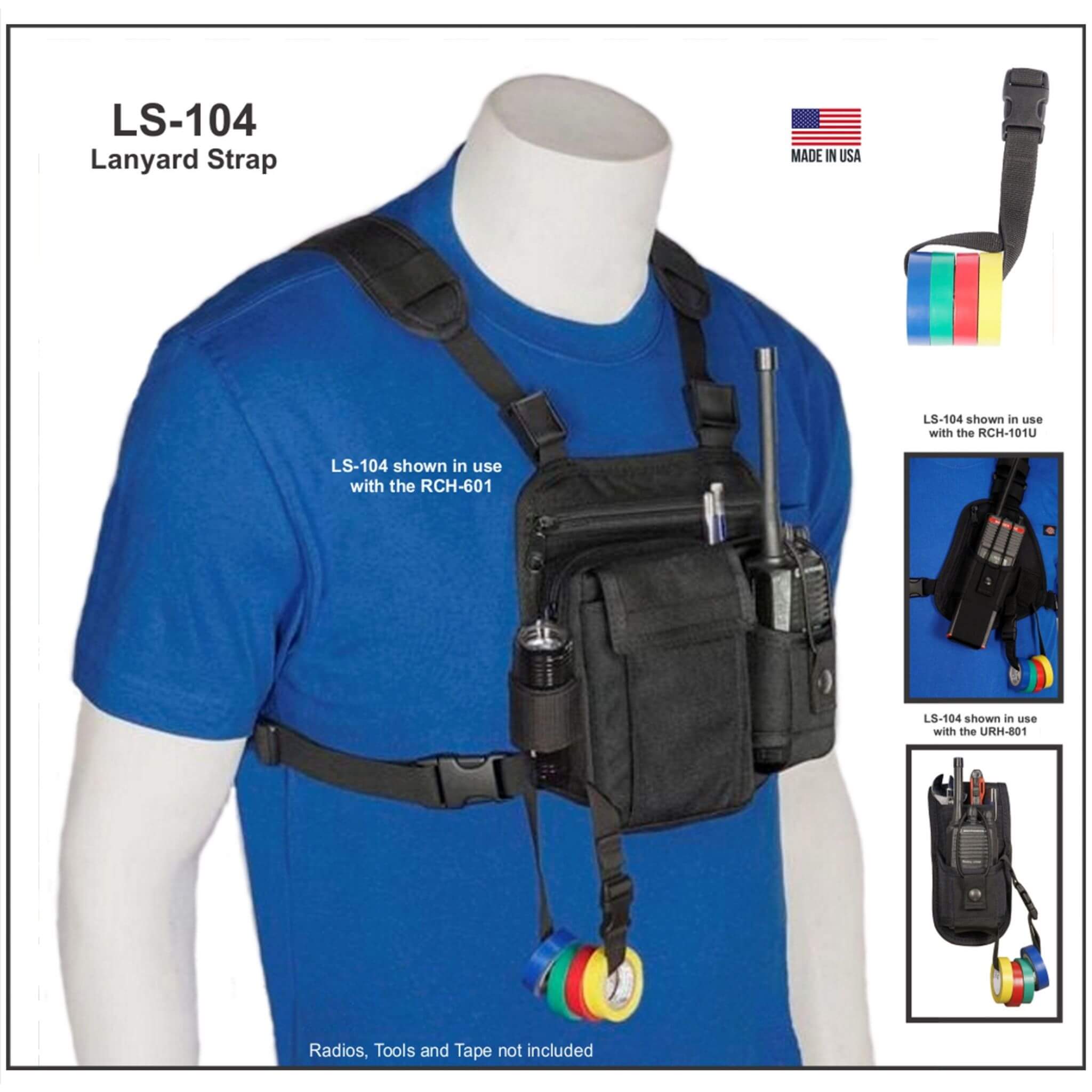 Black tactical vest with lanyard strap LS-104 on a mannequin wearing a blue shirt, with inset images showing its use.