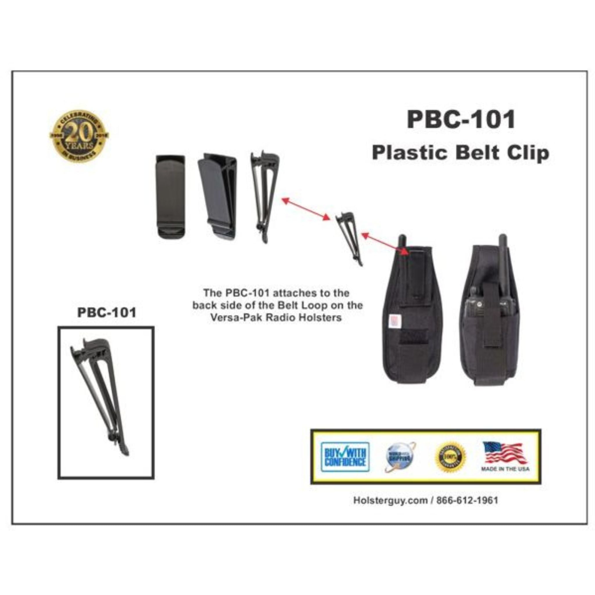 PBC-101 plastic belt clip with product details and branding on a white background