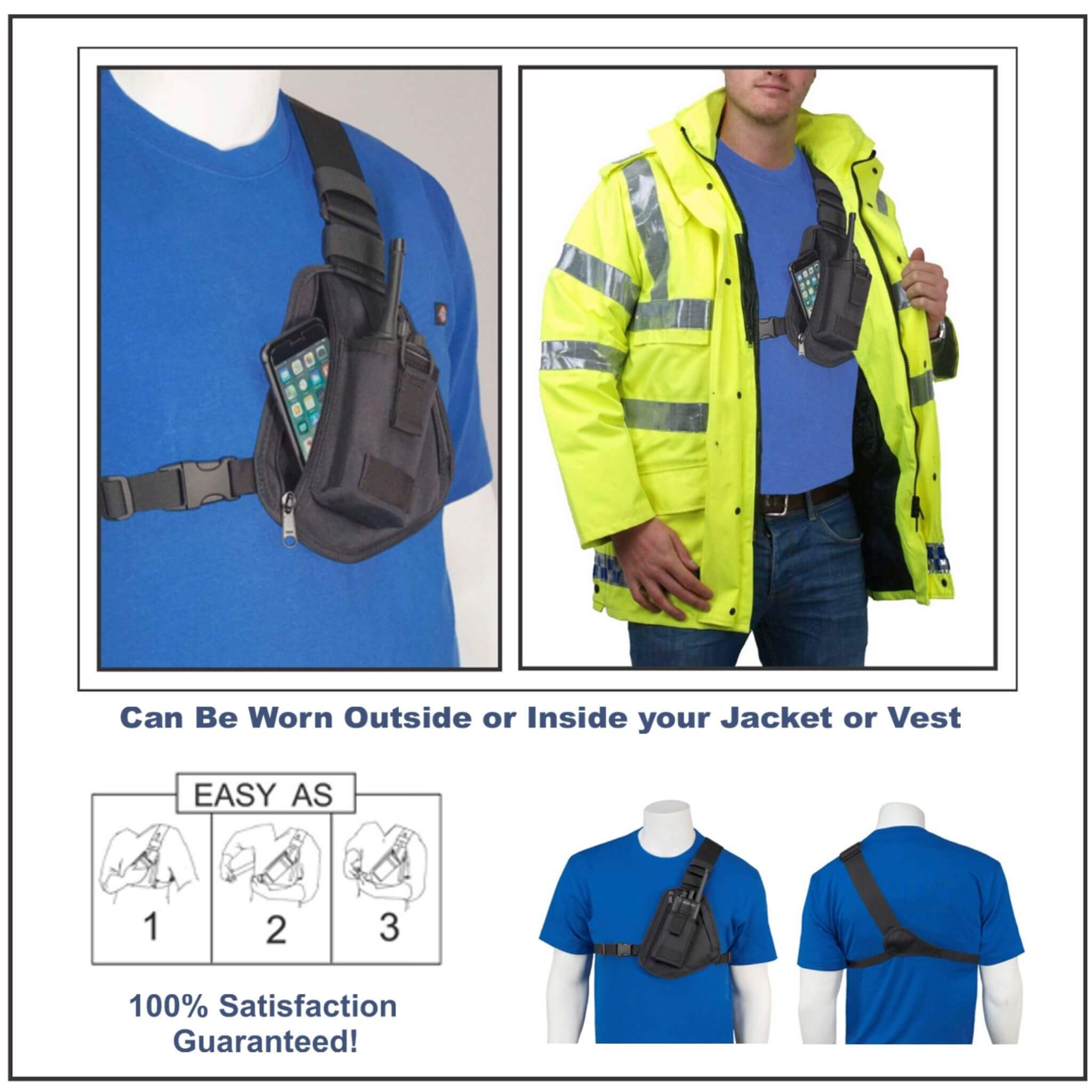 Yellow safety jacket RCH-100 with built-in phone holster on a white background