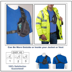 Yellow safety jacket RCH-100 with built-in phone holster on a white background