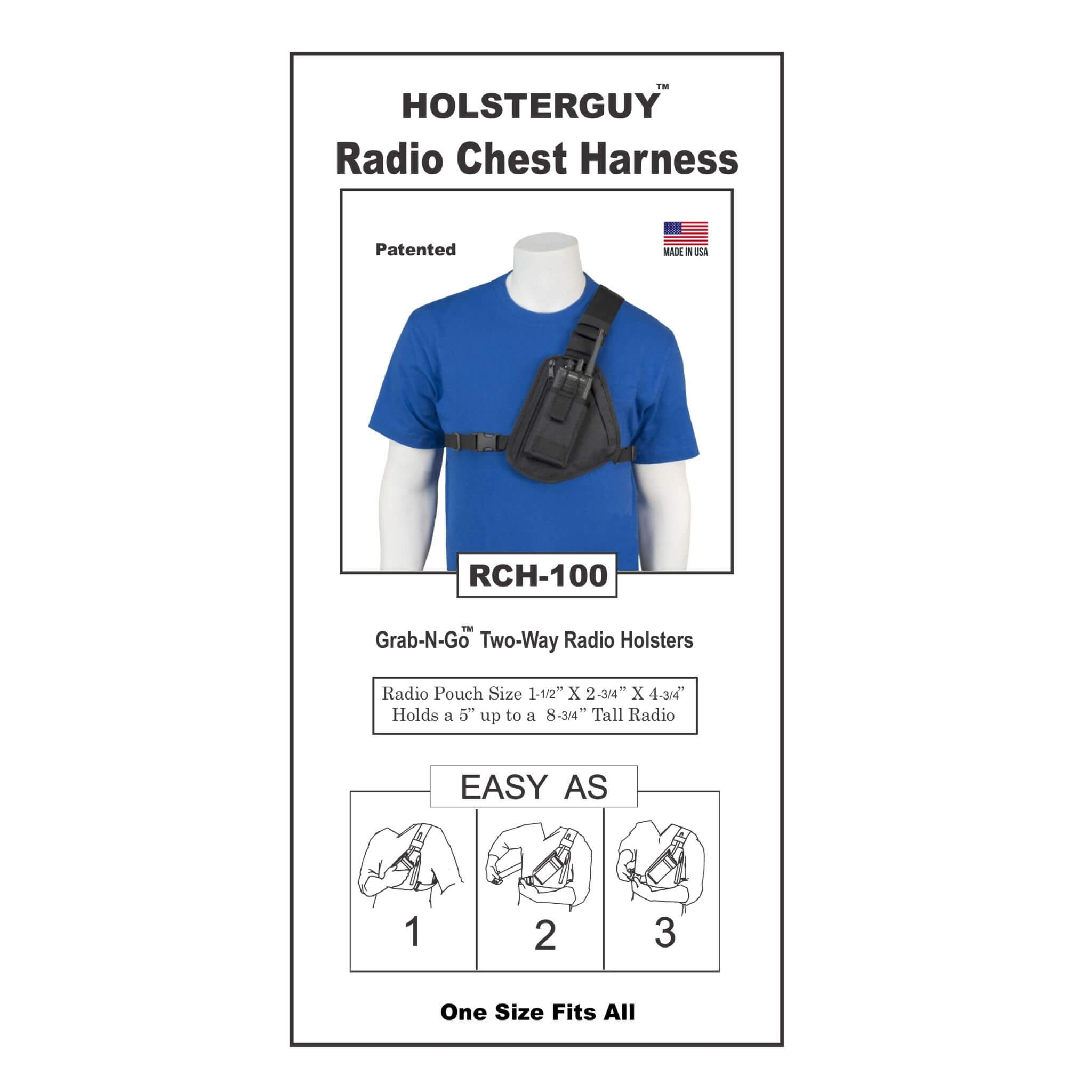 HolsterGuy Radio Chest Harness 100 packaging with a mannequin wearing the harness.