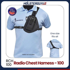 Radio chest harness 100 on a mannequin with 'HOLSTERGUY' branding and product details.