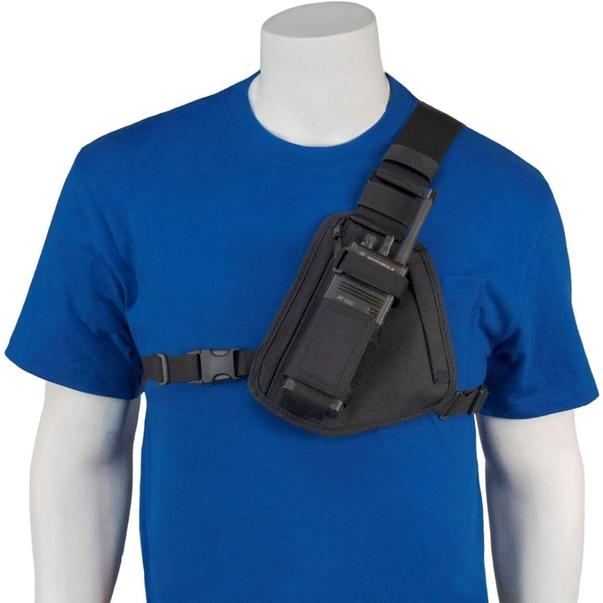 Mannequin wearing a blue t-shirt with a black shoulder bag RCH-101B Holsterguy radio chest harness.