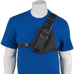 Mannequin wearing a blue t-shirt with a black shoulder bag RCH-101B Holsterguy radio chest harness.