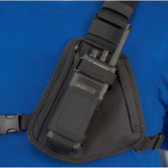 Black shoulder bag RCH-101B Holsterguy radio chest harness with Motorola radio on a blue background
