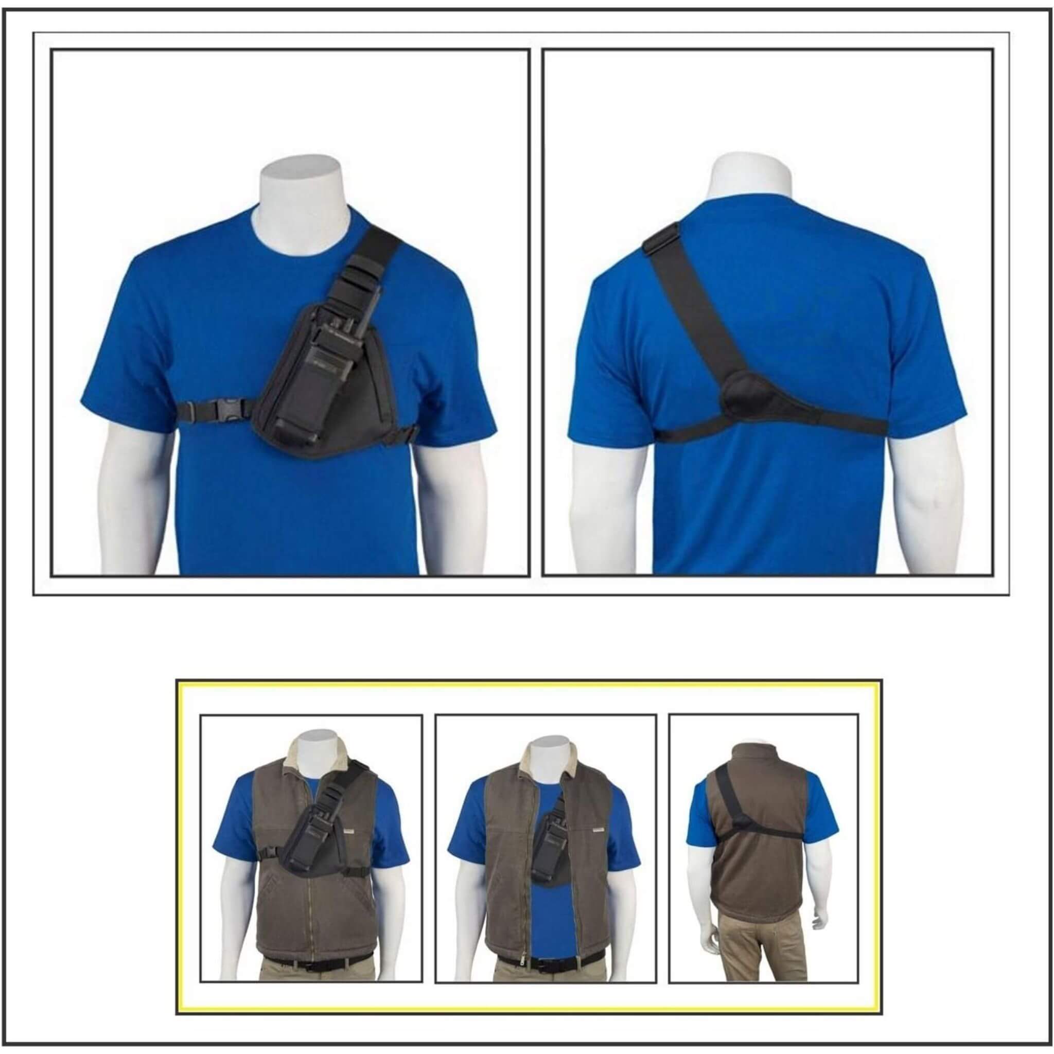 Blue shirt with black shoulder bag RCH-101B Holsterguy radio chest harness on mannequin, shown from front and back, with additional views of vest and bag.