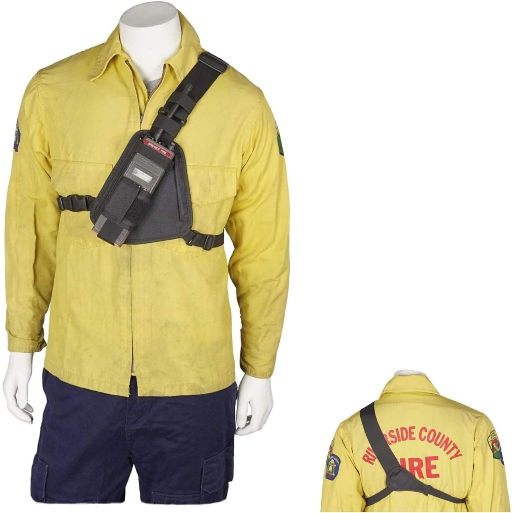 Yellow fire jacket with navy pants on a mannequin against a white background wearing RCH-101B Holsterguy radio chest harness.