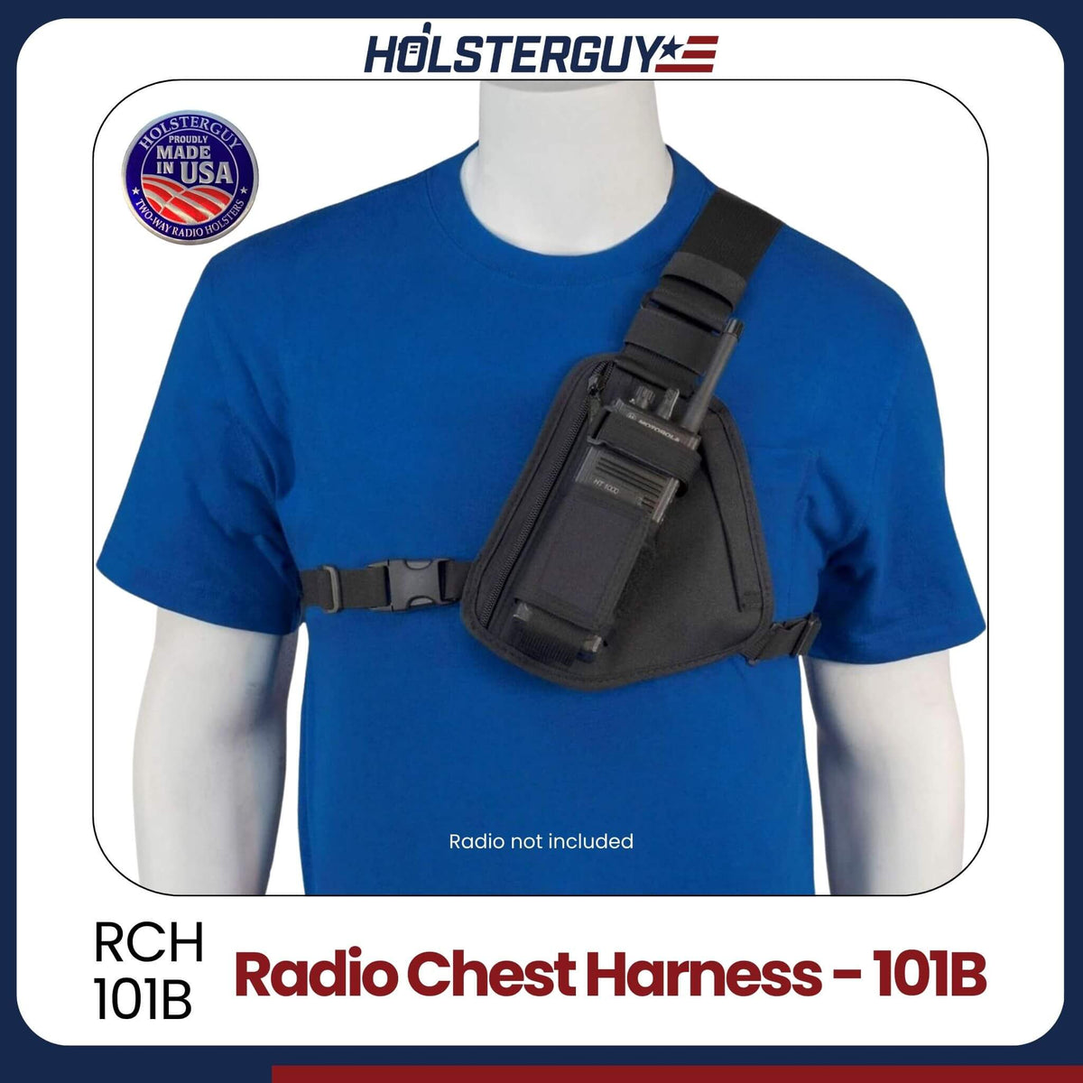 Black Holsterguy radio chest harness RCH-101B on a mannequin with a blue shirt, featuring the HolsterGuy logo.