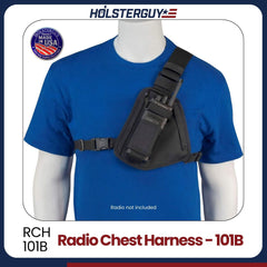 Black Holsterguy radio chest harness RCH-101B on a mannequin with a blue shirt, featuring the HolsterGuy logo.