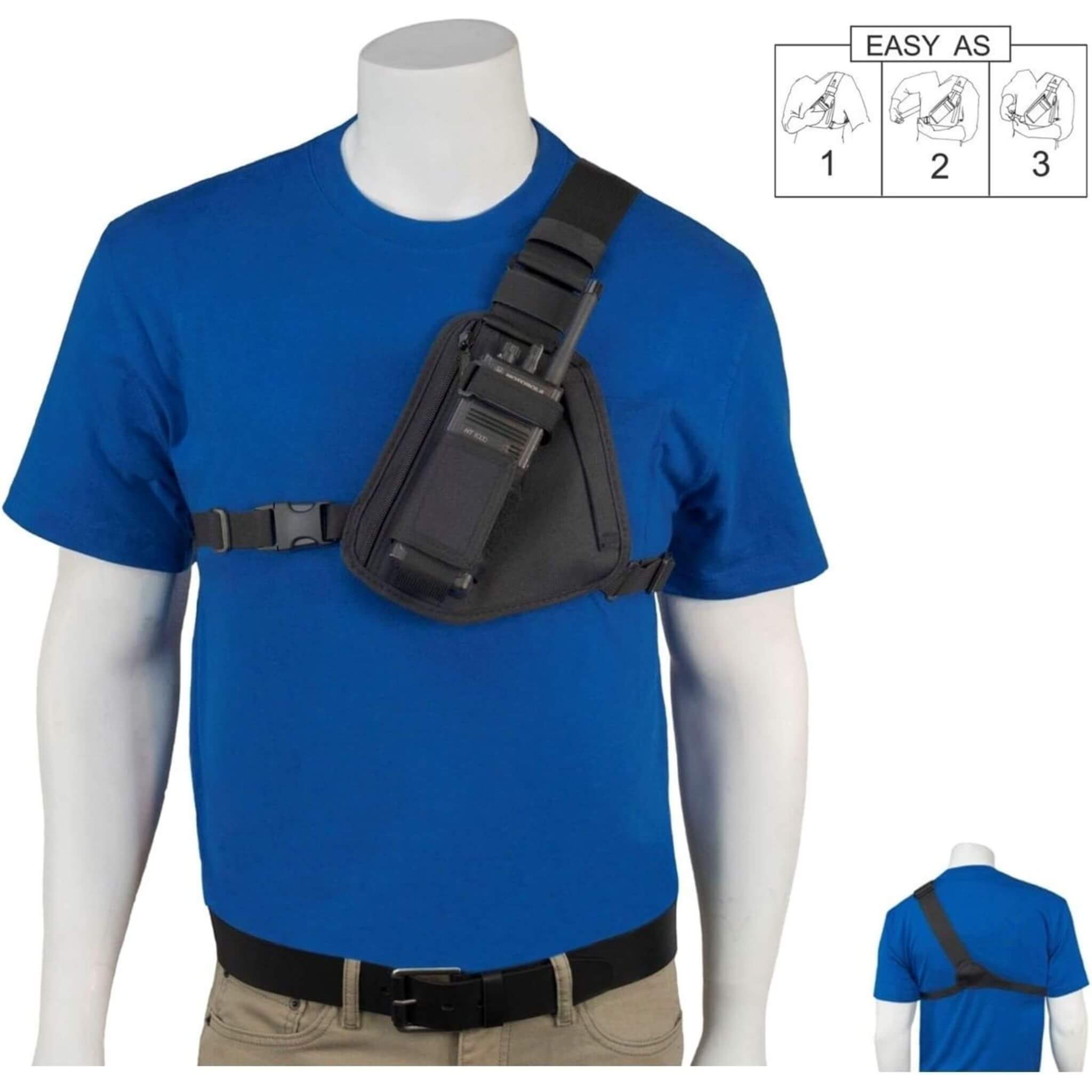 Mannequin wearing a blue t-shirt with a black sling bag RCH-101B Holsterguy radio chest harness, on a white background.