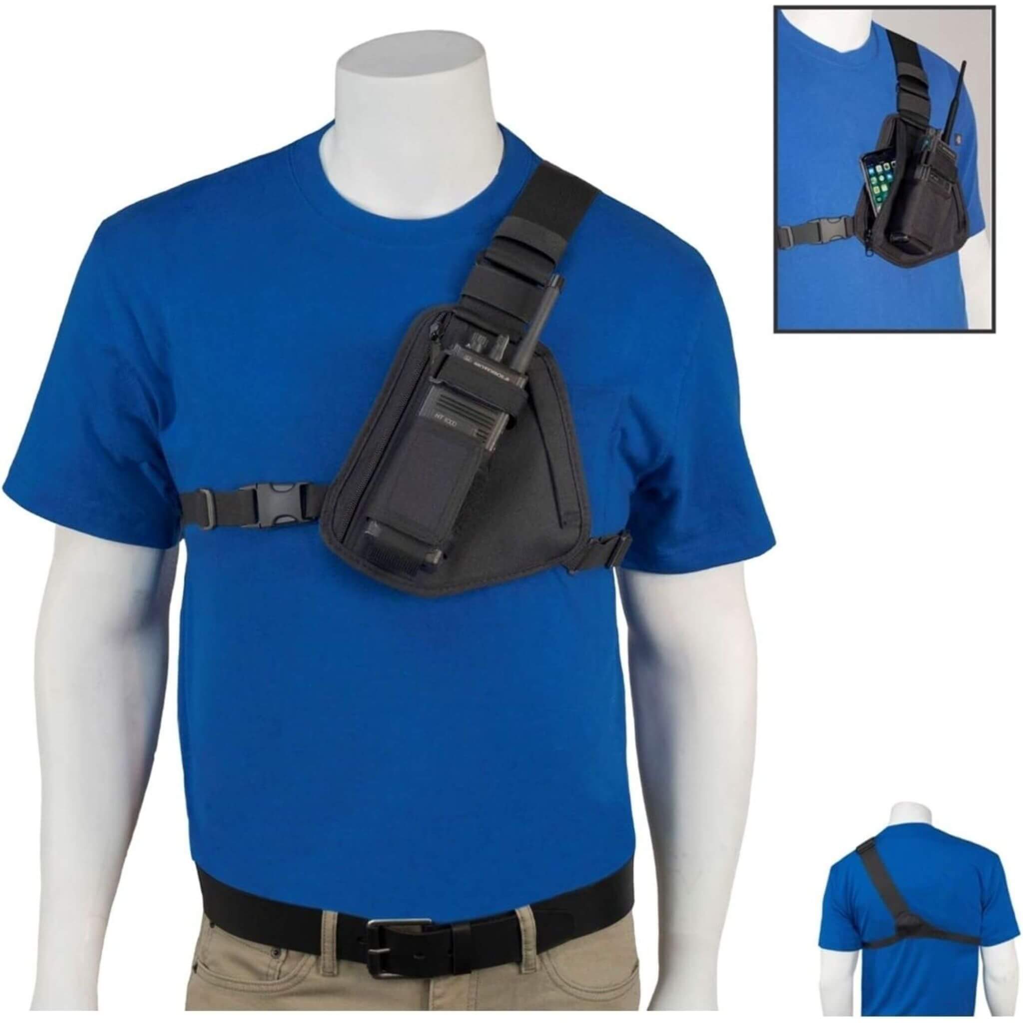 Black sling bag on a mannequin wearing a blue shirt with an inset showing a close-up of the bag RCH-101B Holsterguy radio chest harness.