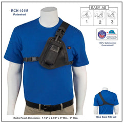 Black radio pouch RCH-101M on a blue t-shirt worn by a mannequin, with product details and branding on a white background.