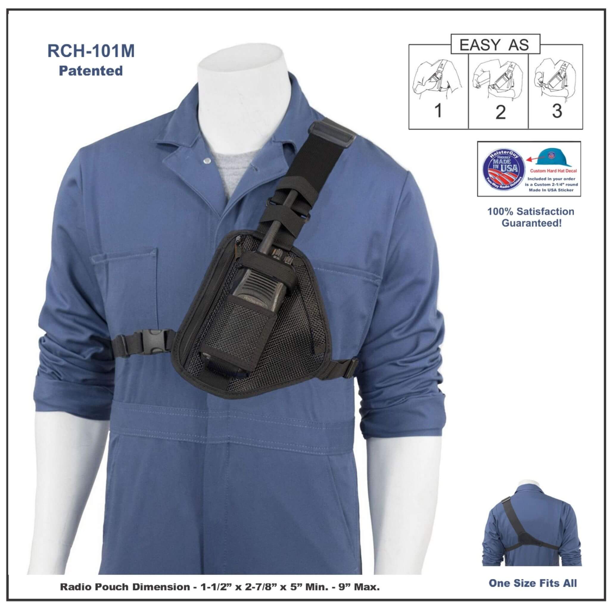 Black radio pouch RCH-101M on a mannequin with blue coveralls, featuring patent information and satisfaction guarantee.