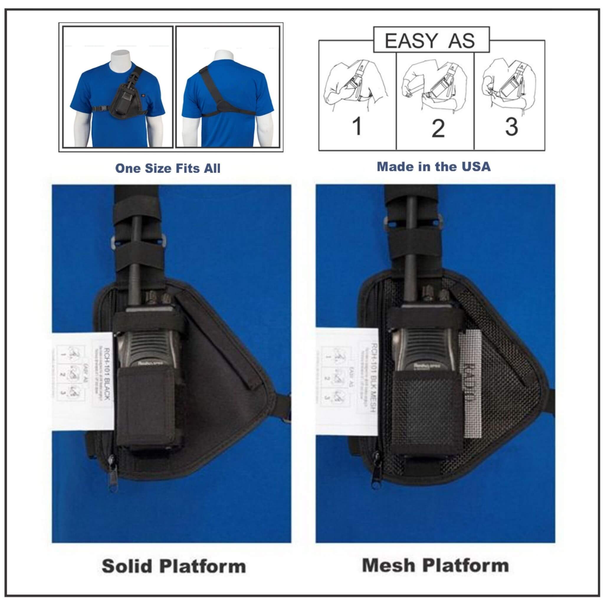 Product packaging for a radio chest harness 101M with solid and mesh platform options, labeled 'Made in the USA'.