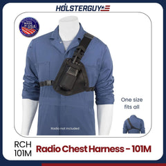 Blue coverall with black radio chest harness 101M on a mannequin, featuring Holsterguy branding.
