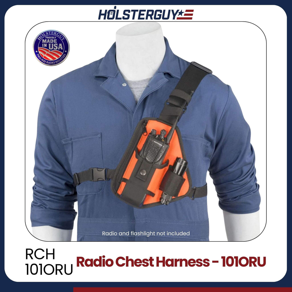 Radio chest harness 101ORU with Holsterguy branding on a mannequin wearing a blue coverall.