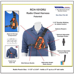 Radio chest harness with features highlighted on a mannequin, labeled RCH-101ORU.