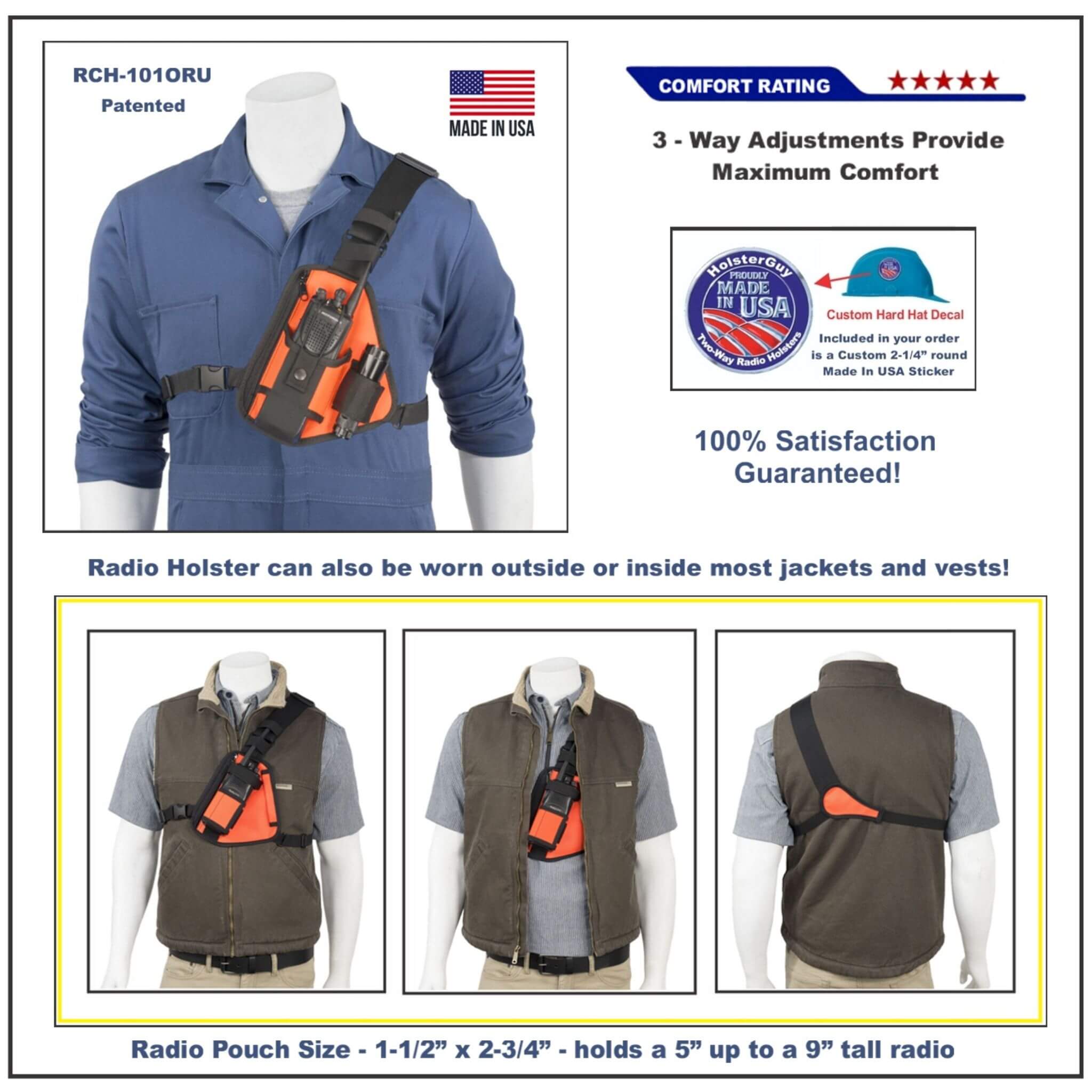 Radio holster RCH-101ORU with comfort rating and Made in USA label on a white background