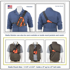 Radio holster RCH-101ORU with blue jacket and brown vest on mannequins, showing front and back views.