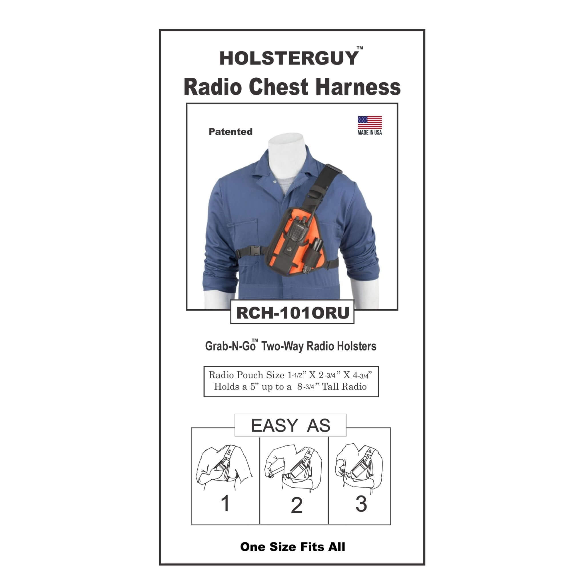 HolsterGuy Radio Chest Harness 101ORU packaging with a mannequin wearing the harness.