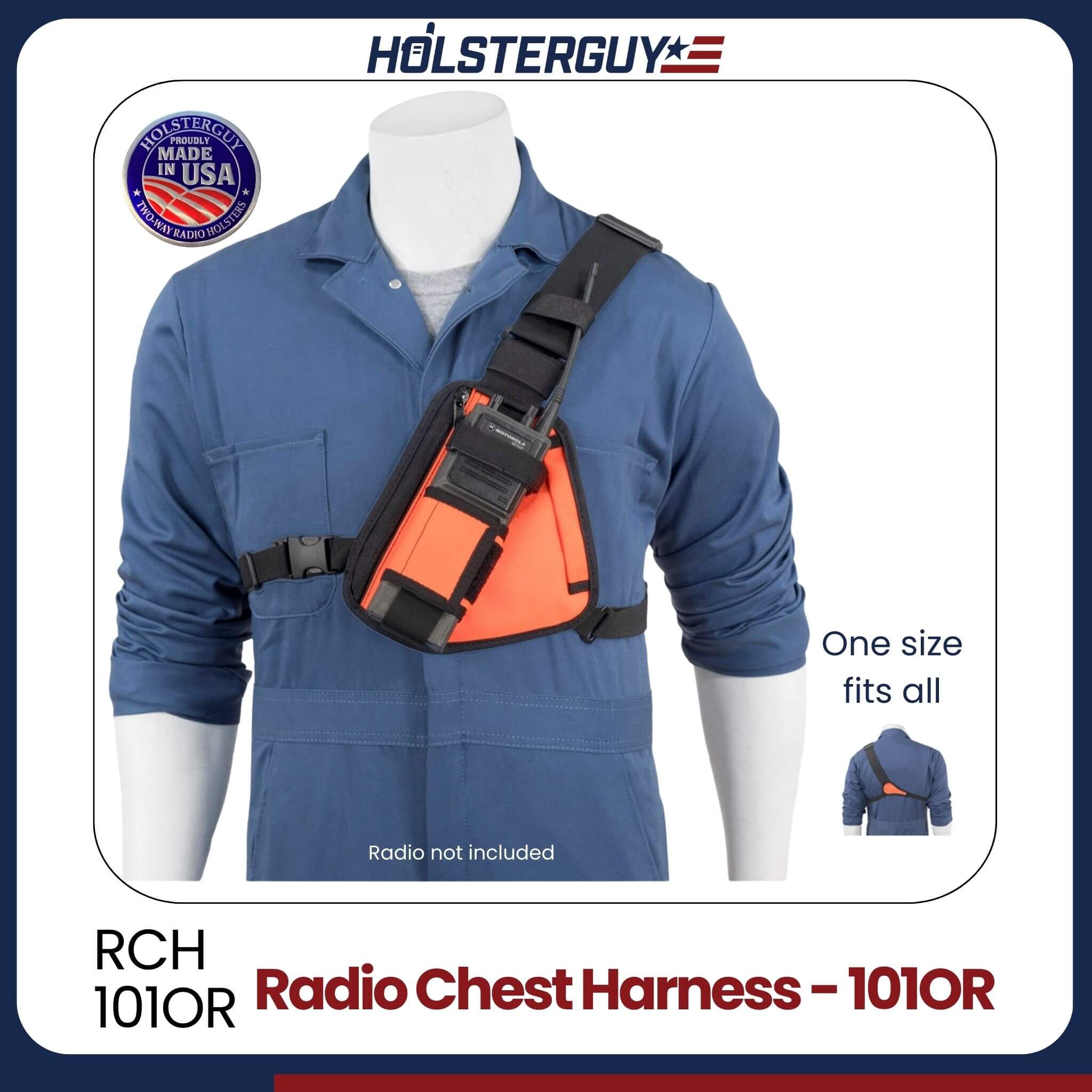 Blue coverall with orange radio chest harness 101OR on a mannequin, featuring HolsterGuy branding.