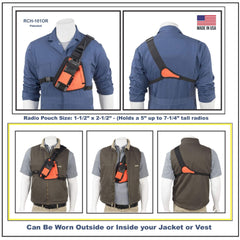 Vest with radio pouch RCH-101OR on mannequins, labeled 'Made in USA'.