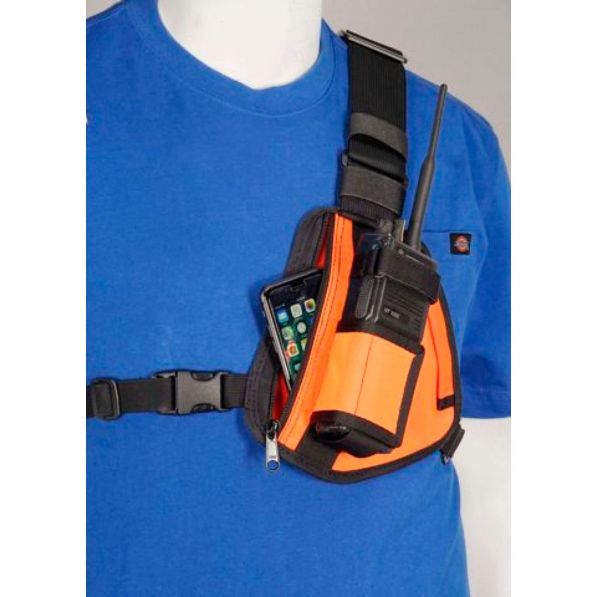Orange and black walkie-talkie RCH-101OR with a phone attached to a blue shirt