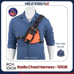 Blue coverall with orange radio chest harness 101OR on a mannequin, featuring HolsterGuy branding.