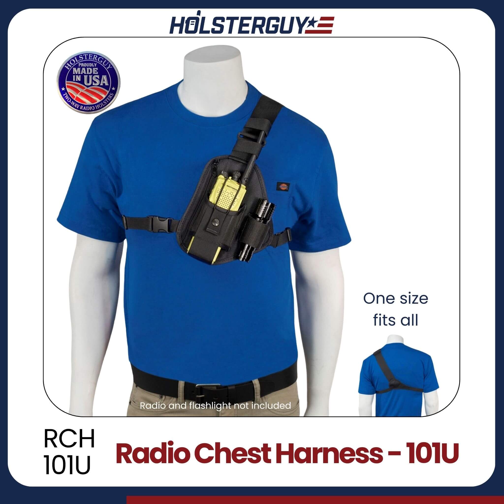 Mannequin wearing a blue shirt with a black radio chest harness 101U, branded 'HOLSTERGUY'.