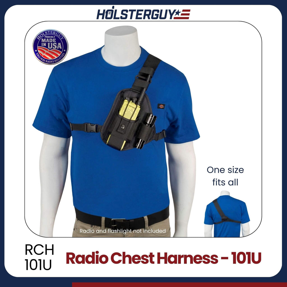 Mannequin wearing a blue shirt with a black radio chest harness 101U, branded 'HOLSTERGUY'.