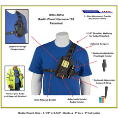 Radio chest harness labeled RCH-101U on a blue shirt with features highlighted.