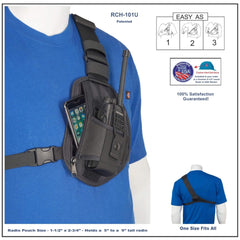 Black radio chest harness 101U on a mannequin with blue shirt, featuring patent information and satisfaction guarantee text.