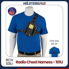 Mannequin wearing a blue shirt with a black radio chest harness 101U, branded 'HOLSTERGUY'.