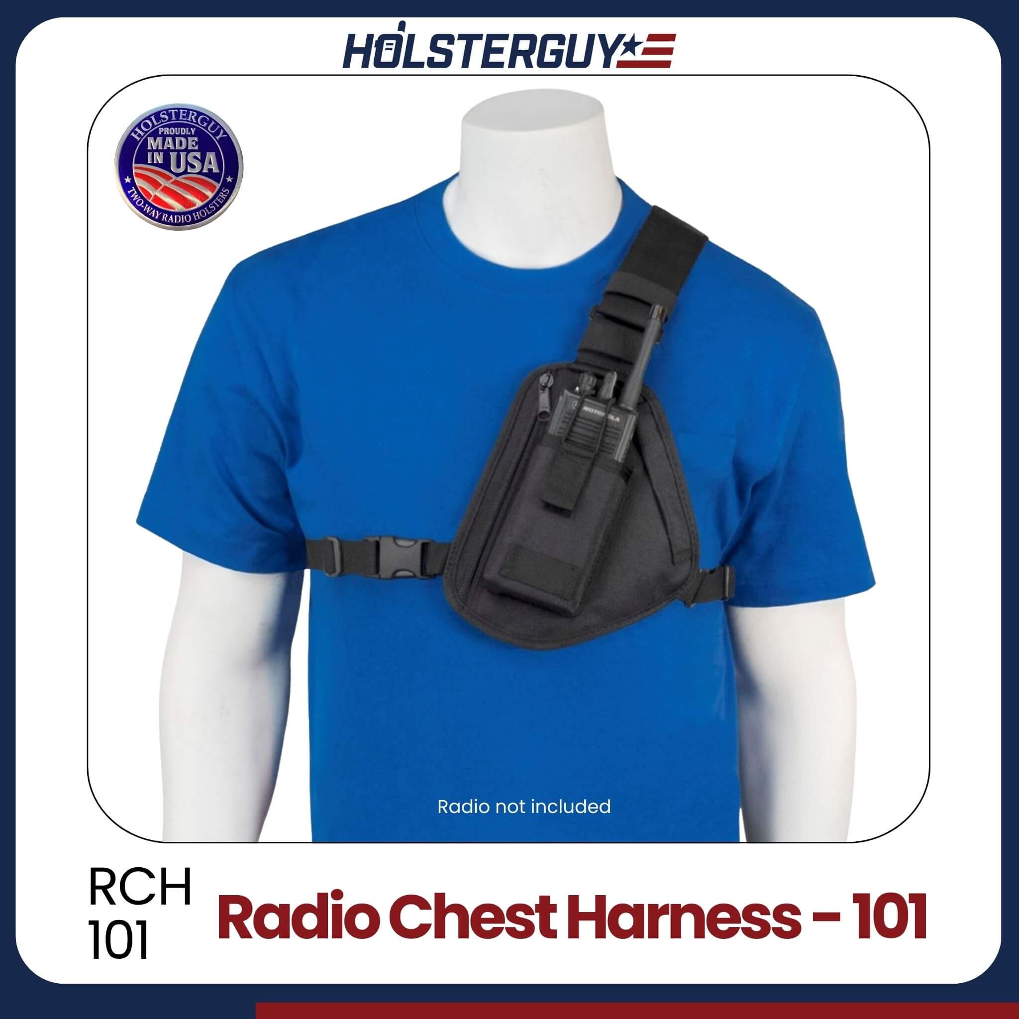 Black radio chest harness 101 on a mannequin wearing a blue shirt with HolsterGuy branding.