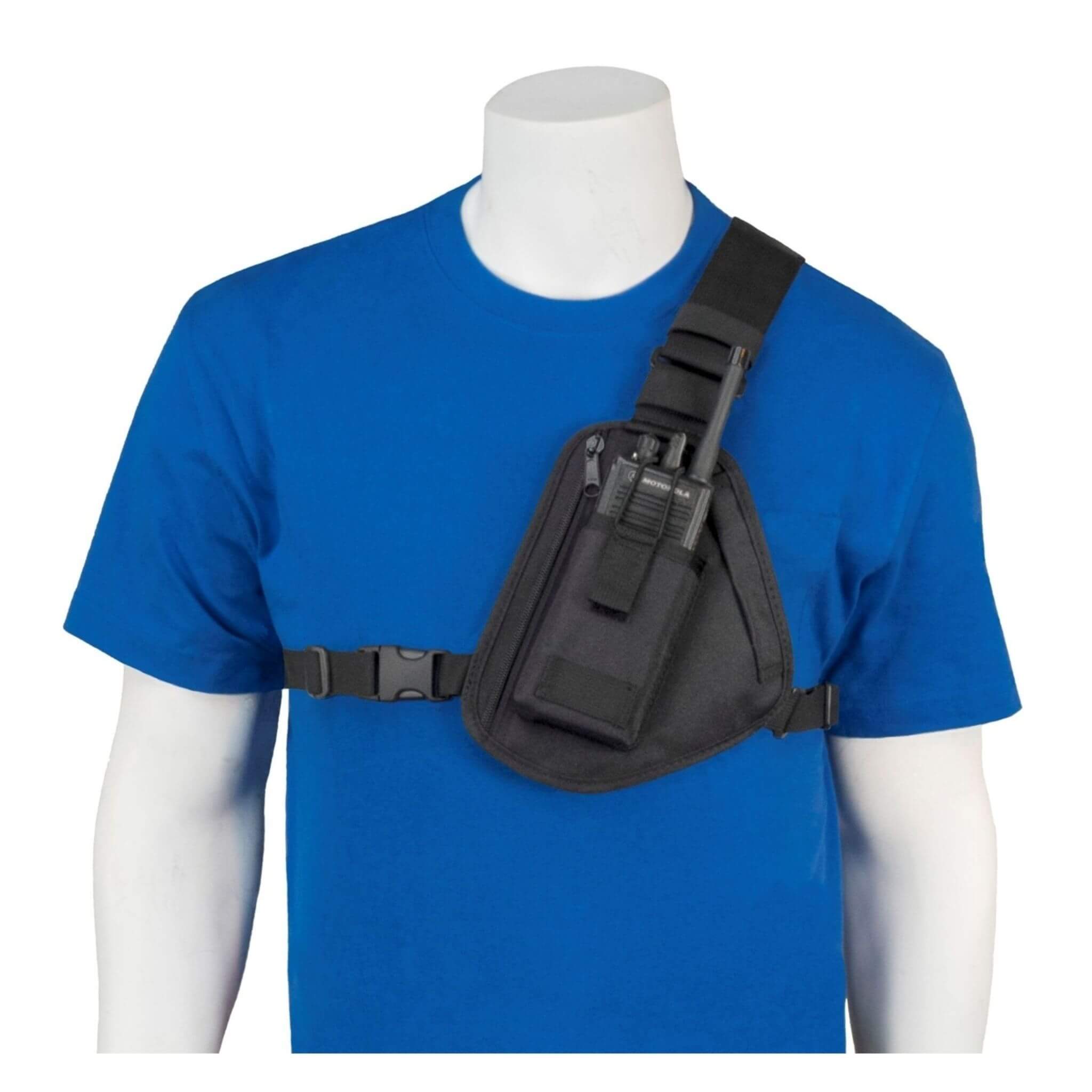 Black radio chest harness 101 on a mannequin wearing a blue t-shirt against a white background