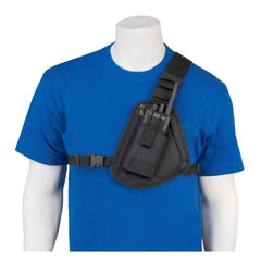 Black radio chest harness 101 on a mannequin wearing a blue t-shirt against a white background