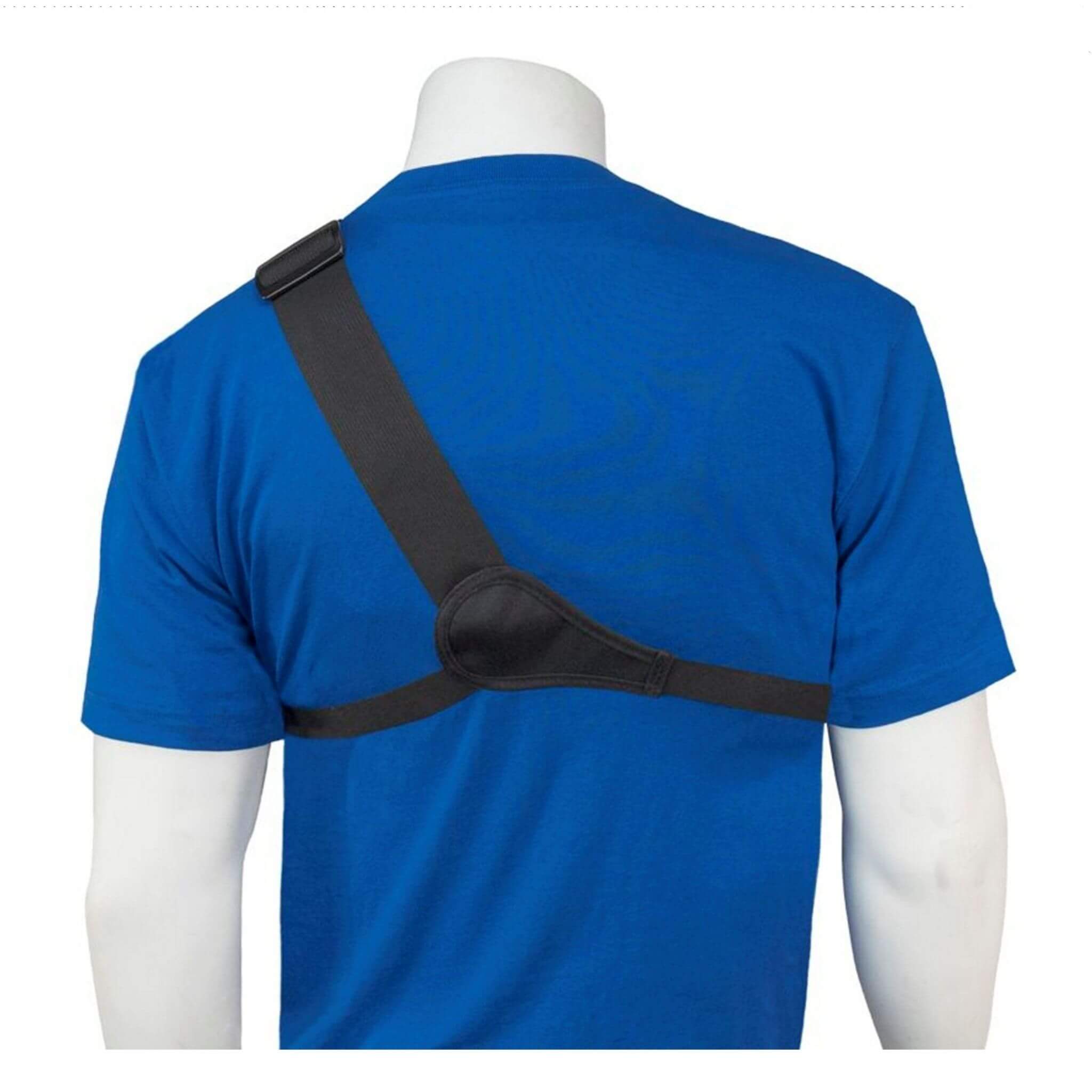 Back view of a blue t-shirt with black shoulder strap RCH-101 on a mannequin against a white background