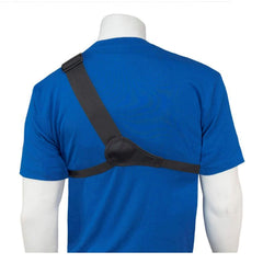 Back view of a blue t-shirt with black shoulder strap RCH-101 on a mannequin against a white background