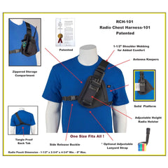 Radio chest harness 101 on a mannequin with labeled features and product details.