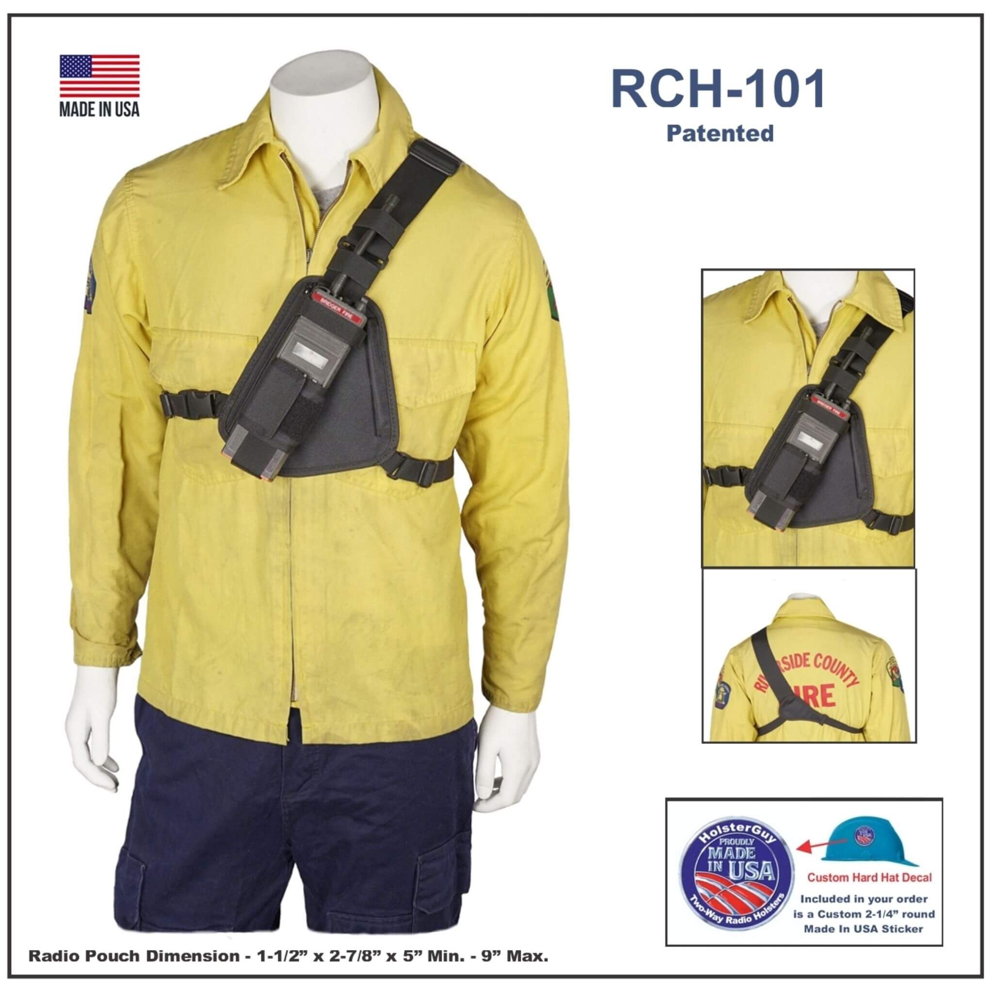 Yellow fire-resistant suit with black radio pouch on a mannequin, featuring 'RCH-101' and 'Made in USA' text.
