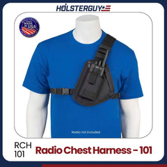 Black radio chest harness 101 on a mannequin wearing a blue shirt with HolsterGuy branding.