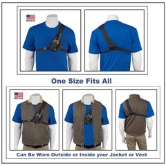 Mannequin display of a blue shirt with a black radio chest harness 103 and brown vest, labeled 'One Size Fits All'.