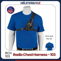 Radio chest harness 103 on a mannequin with HolsterGuy branding
